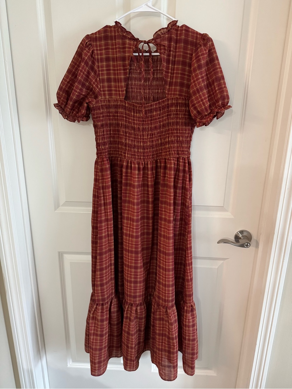Burgundy Plaid Smocked Midi Dress - Picture 2 of 4